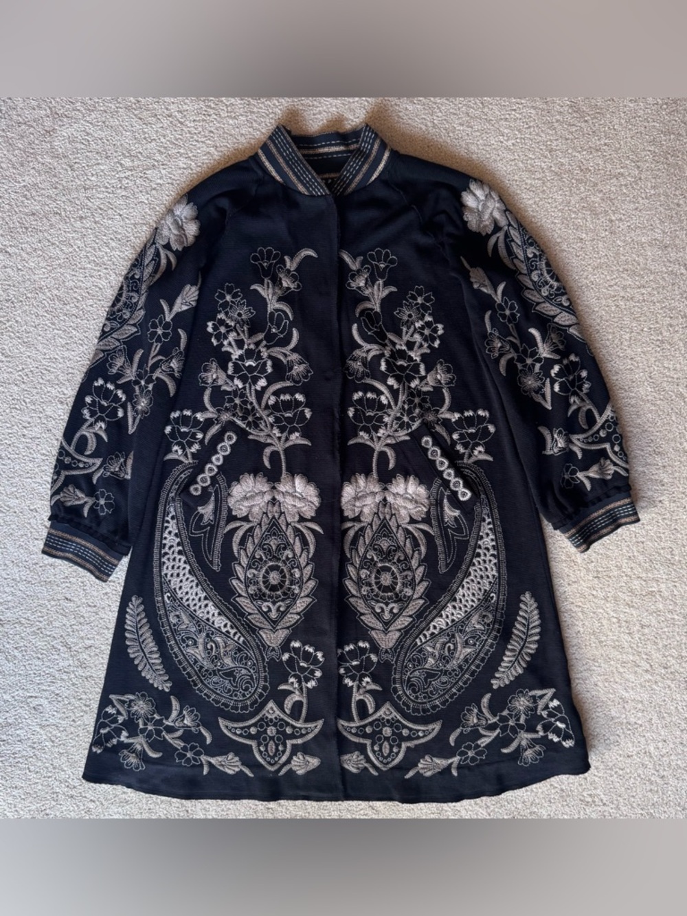 Johnny Was: Black Cardigan with Ivory Floral Embroidery